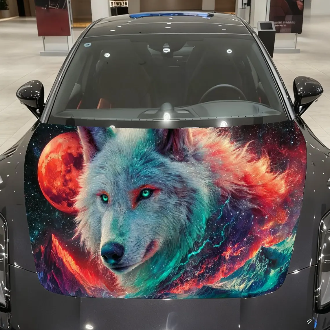 

Crimson Moon Star River Wolf Rides Peak Car Vinyl Wrap, PVC Material Waterproof Car Hood Sticker, Self-Adhesive Scratch-Resistan