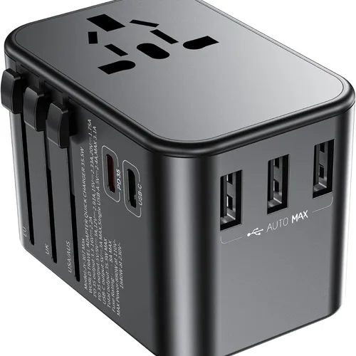 범용 여행용 어댑터, 1 USB-C 1 AC 소켓, 35W PD 고속 충전 및 3 USB-A 어댑터, 올인원 벽 충전기, EU 영국 미국 AUS 
