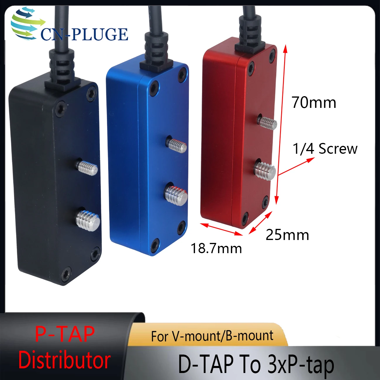 D-Tap Male to 3-Port P-Tap Female Camera Power Supply Distributor DTAP Three-Way Distributor Cable with 1/4 