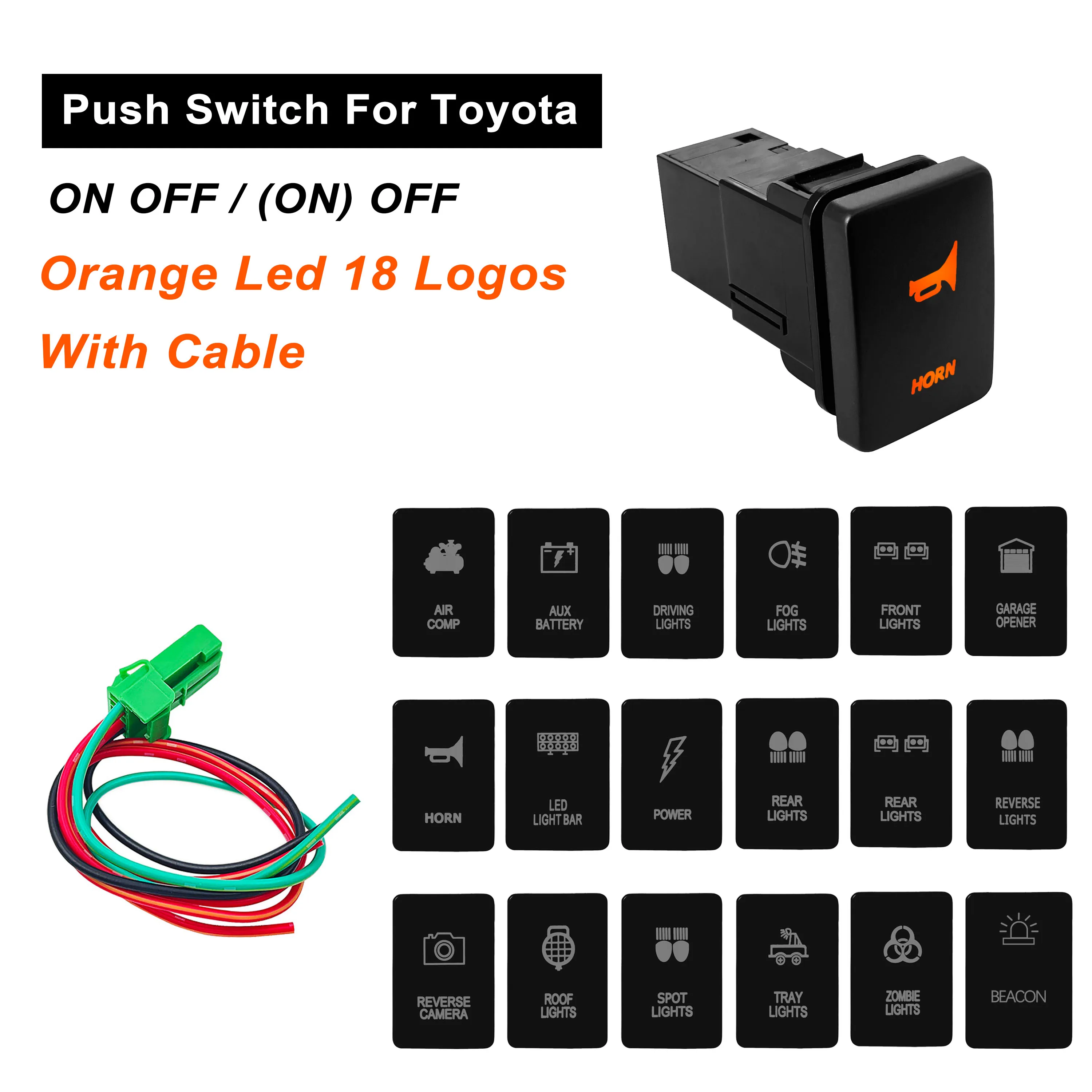 12V Car Push Button Switch With Cable Connector Orange Led Light bar For Toyota Prado 150 200 Landcruiser Hilux RAV4 Carolla