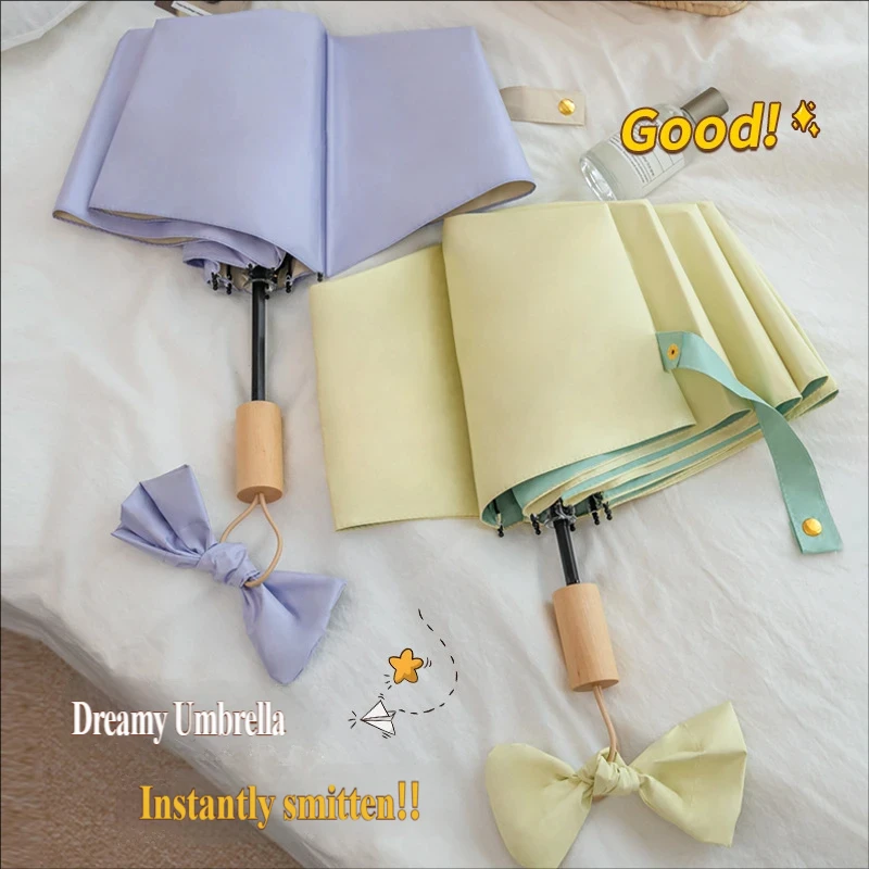 3-Fold Umbrella with 8 Ribs, Colored Glaze Coating, Solid Wood Handle, Wind-Resistant, Minimalist Style, Fresh Color Scheme, Cus