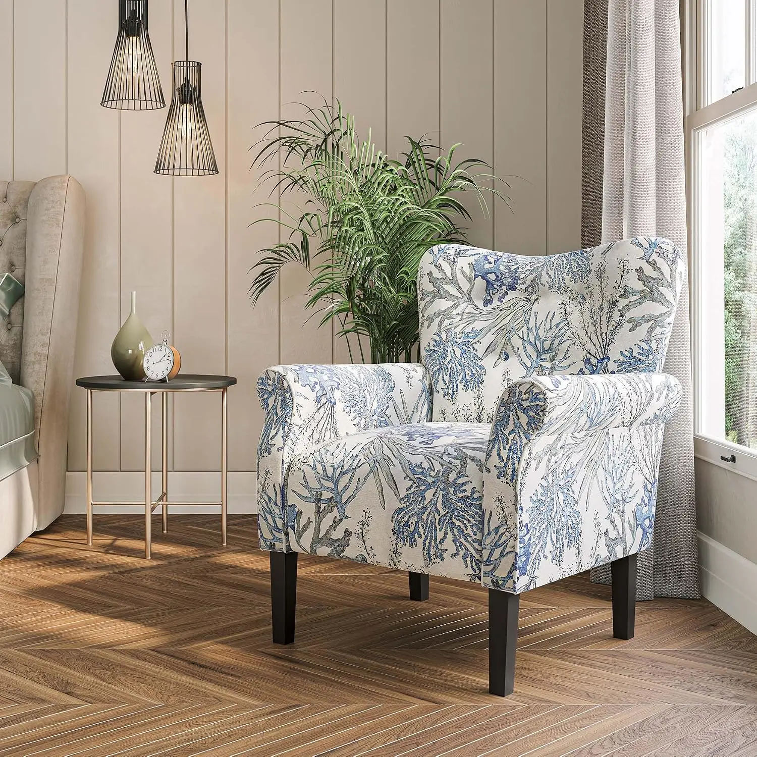 Accent Chair High Back Linen Armchair Wooden Legs Wingback Padded Armrest Sofa Living Room Bedroom, Customized