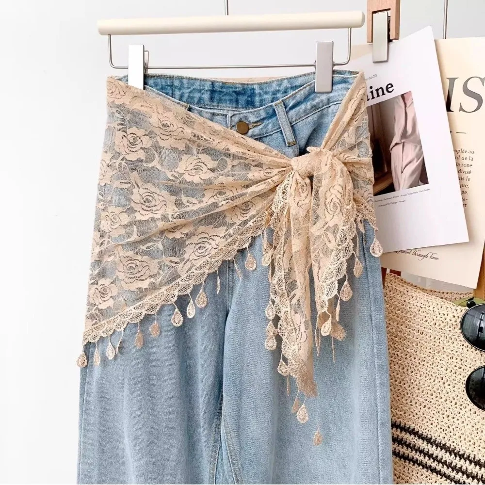 Versatile Sheer Mesh Hip Scarf Floral Print Tassel Fringe Boho Bandana Triangle Mesh Layering Skirt For Women