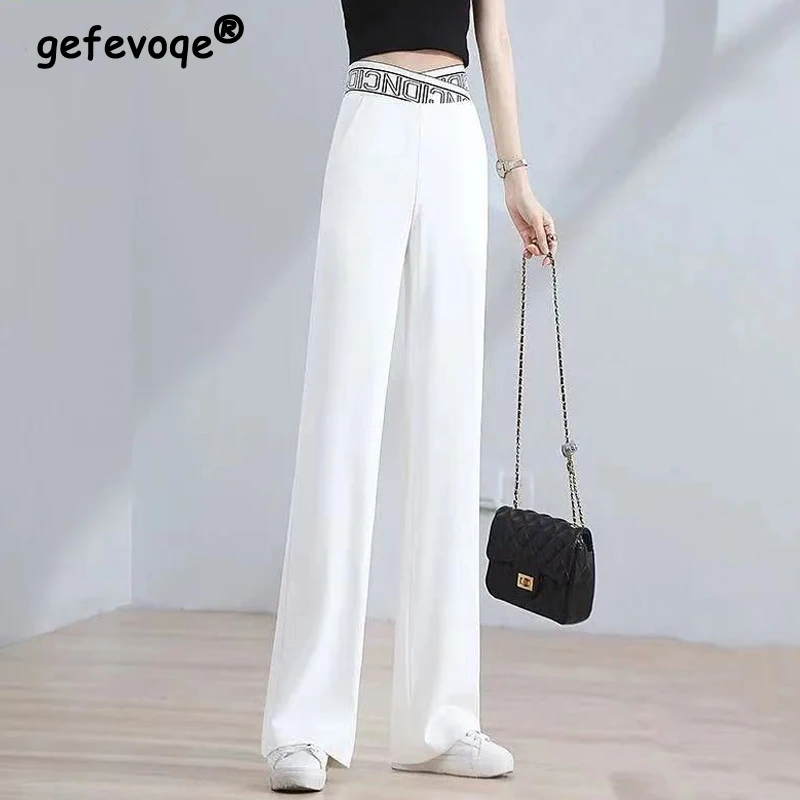 Women\'s Korean Fashion White Ice Silk Drapped Wide Leg Pants Summer Chic Elastic High Waist Straight Trousers Elegant Pantalones