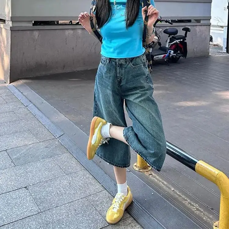 

Summer American Thin Money Vintage Baggy Denim Cropped Pants Woman High Waist Washed Wide Leg Jeans Light Blue Loose Shorts