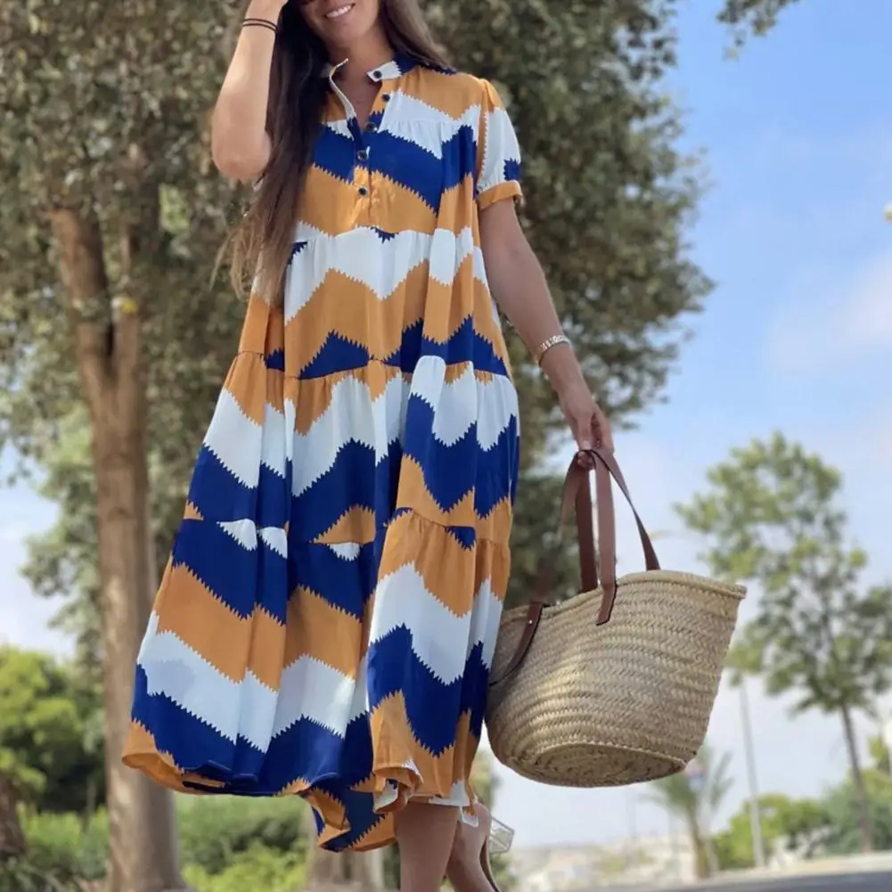 Bohemian Style Shirt Collar Print Women's Midi Dress Large Hem Short Sleeved Dress Long Skirt Ruffle Stitching Beach Dress