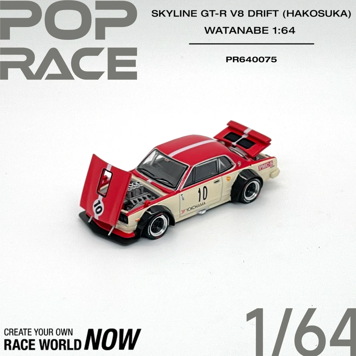 POP RACE PR640075 1:64 Skyline GT-R Hakosuka V8 Drift Watanabe Wheels Classic JDM Race Diecast Car Model in Stock