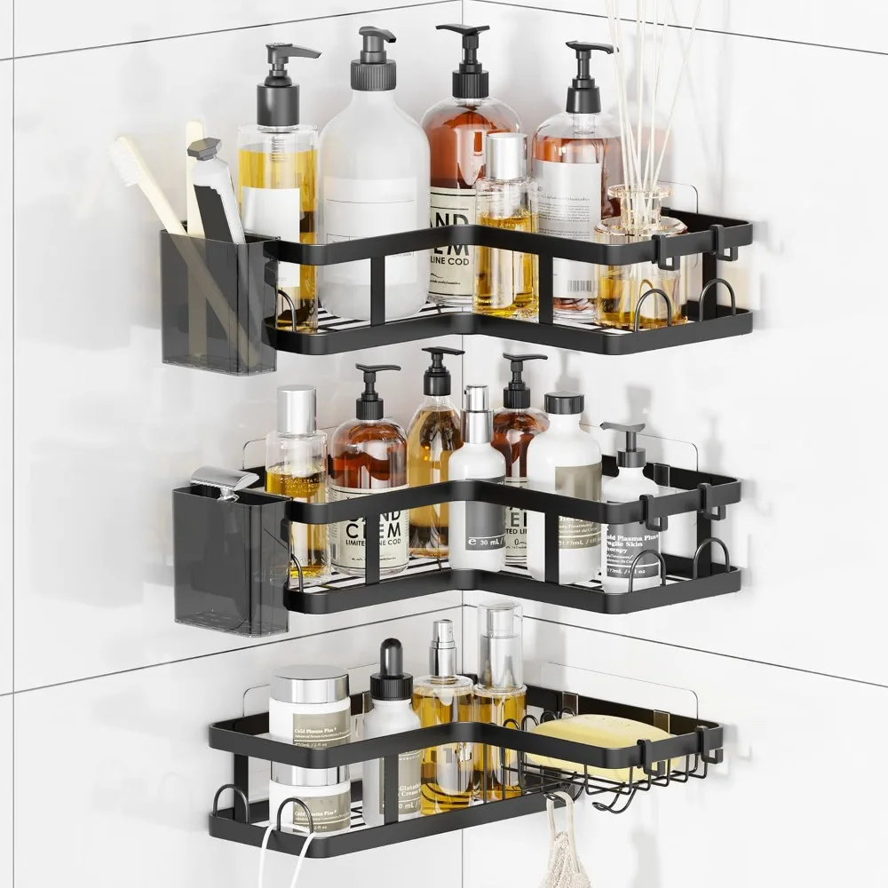 

Угловой органайзер для душа из трех упаковок, нержавеющая полка для душа, стеллаж для хранения, стеллаж для ванной комнаты без сверления с крючками и зубной пасточкой