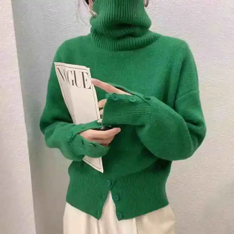 New Elegant Turtleneck Pullover Sweater for Women Autumn Winter Fashion Hem Button Solid Sweater Casual Long Sleeve Knitwear
