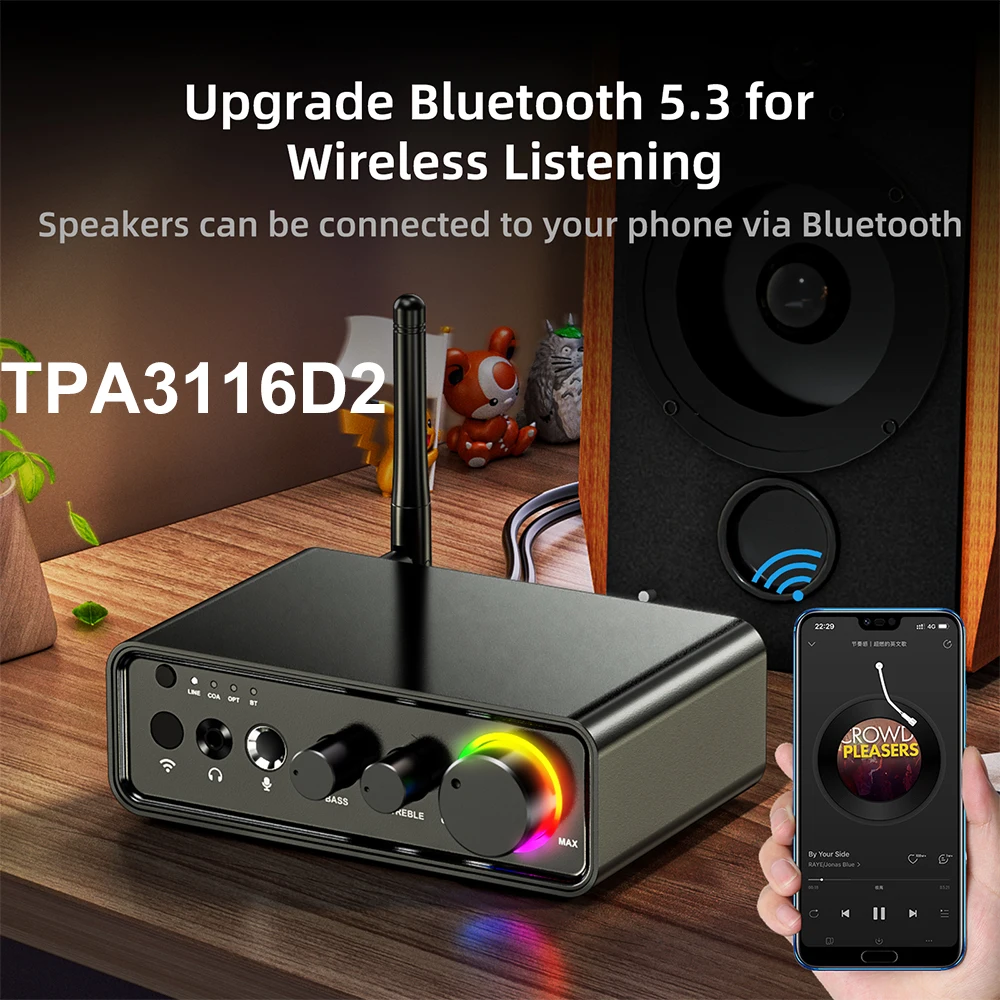 

Power Amplifier 200W TPA3116D2 Digital Audio Amplifiers HiFi BT 5.3 Channel 2.0 Power Amp Subwoofer ,with Optical Coaxial Input