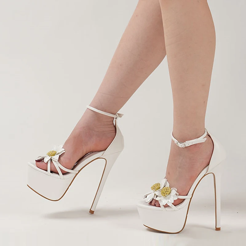 2026 Fashion Design Sunflowers Narrow Band Women Platform Sandals Sexy Peep Toe 16CM Super High Heels Party Prom Shoes Size 42