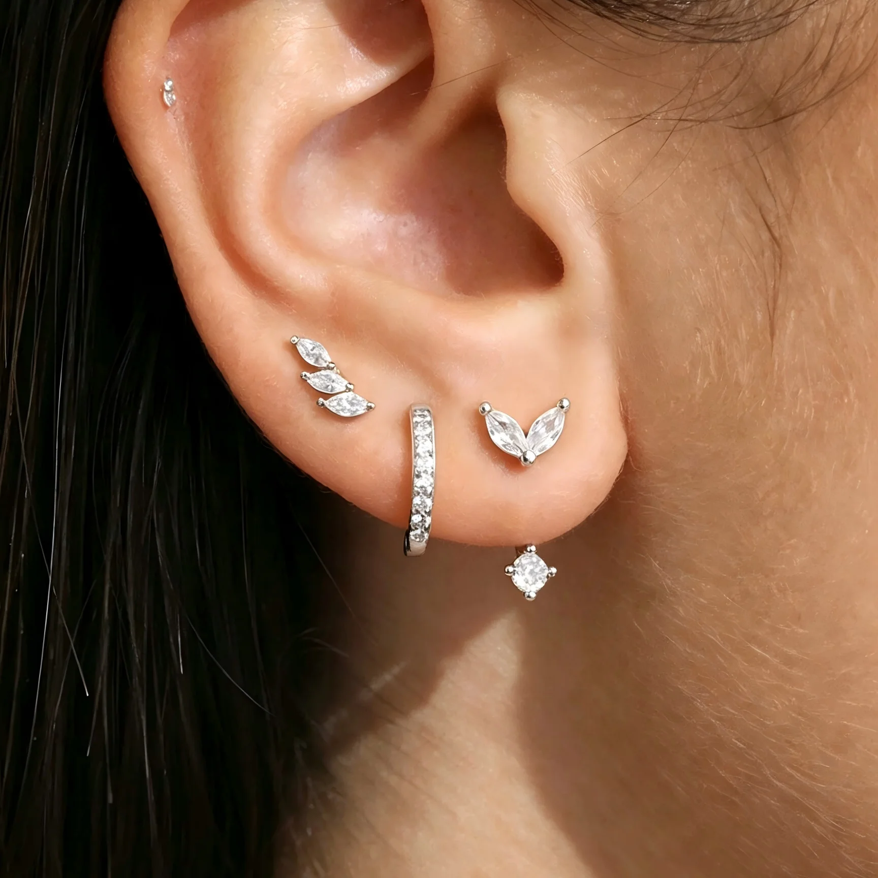 3 Pair Exquisite Zircon Huggies Hoop Earrings Set for Women, Silver Color Dainty Piercing Earrings, Fashion Jewelry Accessories