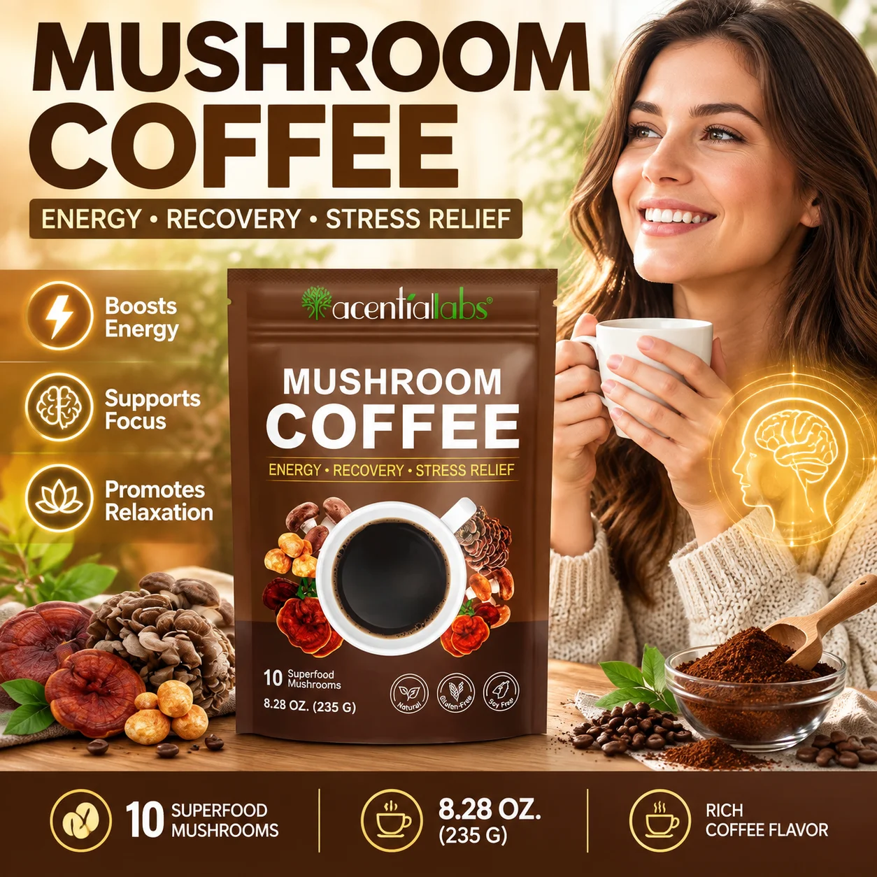 Acentiallabs Mushroom Coffee Powder Body Shape Management Promote Digestion Enhance Concentration Reduce Stress Provide Energy