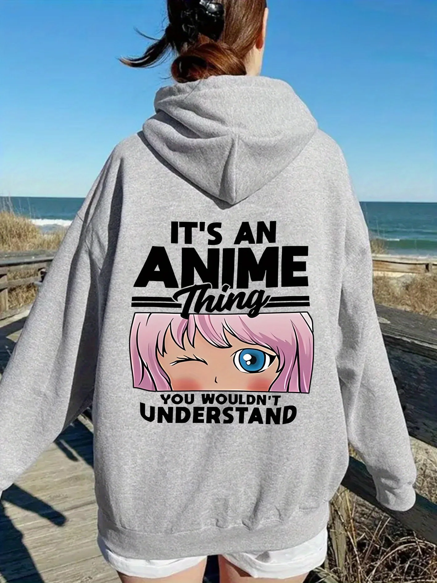 [Hoodie Anime Fan] Moletom feminino com forro de lã com estampa de anime |   Slogan "É uma coisa de anime", pulôver casual solto e moletom