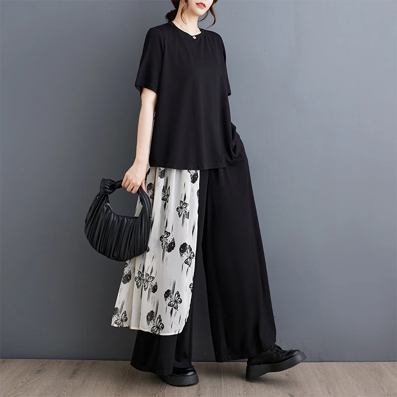 Verano nuevo suelto artístico Faion Print Ba Splice Top pantalones de pierna ancha conjunto de dos piezas poliéster para mujer ort Sve...