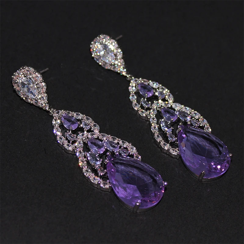 

Purple Earrings Long Water Drop Dangle Earrings women wedding bride dinner Party jewelry Gift Female