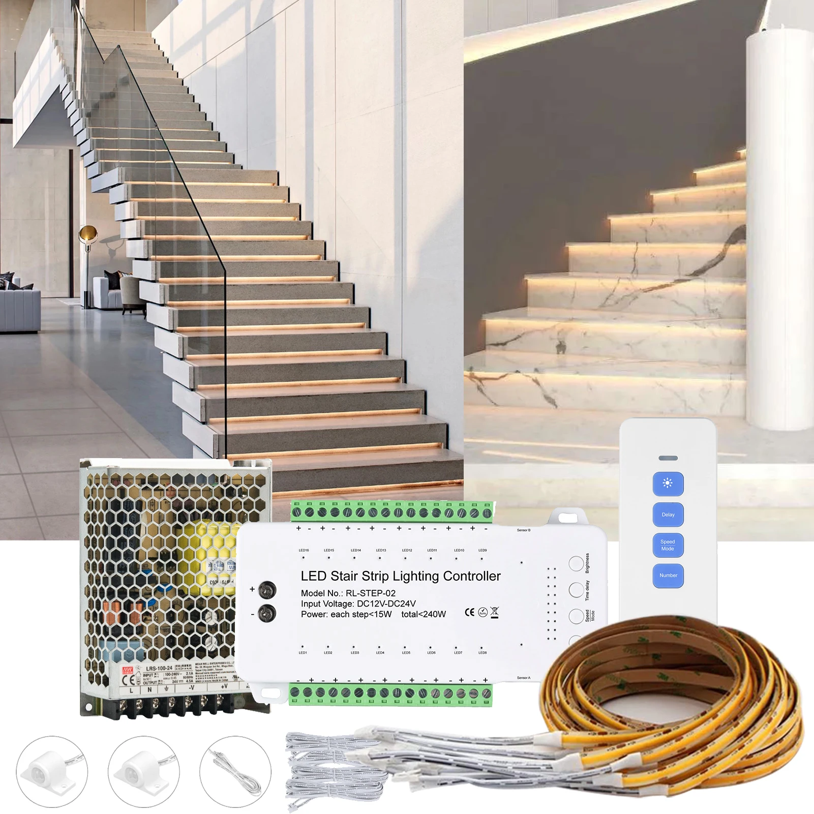 Day/Night Remote 16 Step PIR Motion Sensor COB LED Stair Lights Kit 40" Cuttable Dimmable Indoor Strip Step Lights Customizable
