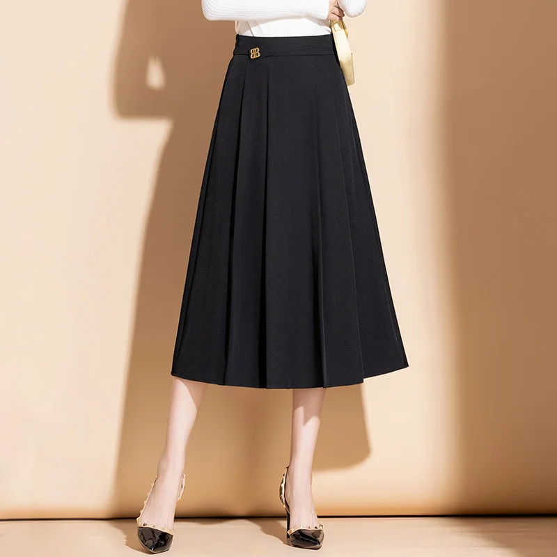 ZUZK Women Solid OL Skirts New Spring Autumn Elastic High Waist Female Elegant A-Line Mid-Long  Black Skirt Saia Preta