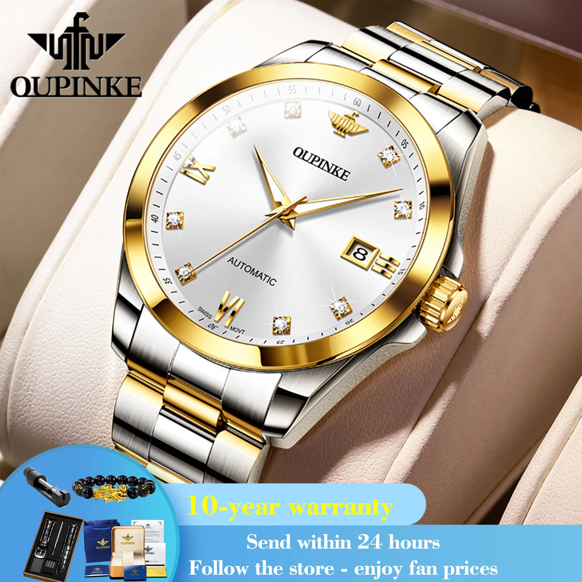 OUPINKE 3199 Real Diamond Luxury Watch For Men Mechanical Movement 50M Waterproof Wristwatch Original Calendar Man Dress Watches