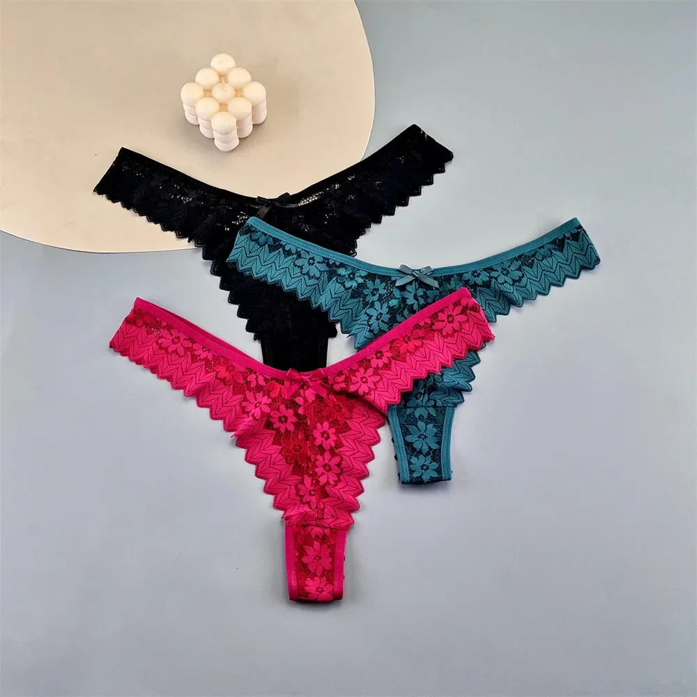 

3pcs Women Lace Thong Underwear Pack Transparent Mid-Waist Underpants Female Briefs Ruffles G-strings Plus Size