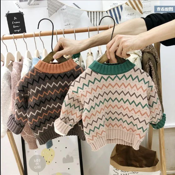 Autumn Winter Infant Baby Boy Sweater Cotton Wave Striped Long Sleeve Kid Boy Pullovers Round Collar Velvet Toddler Boy Knitwear