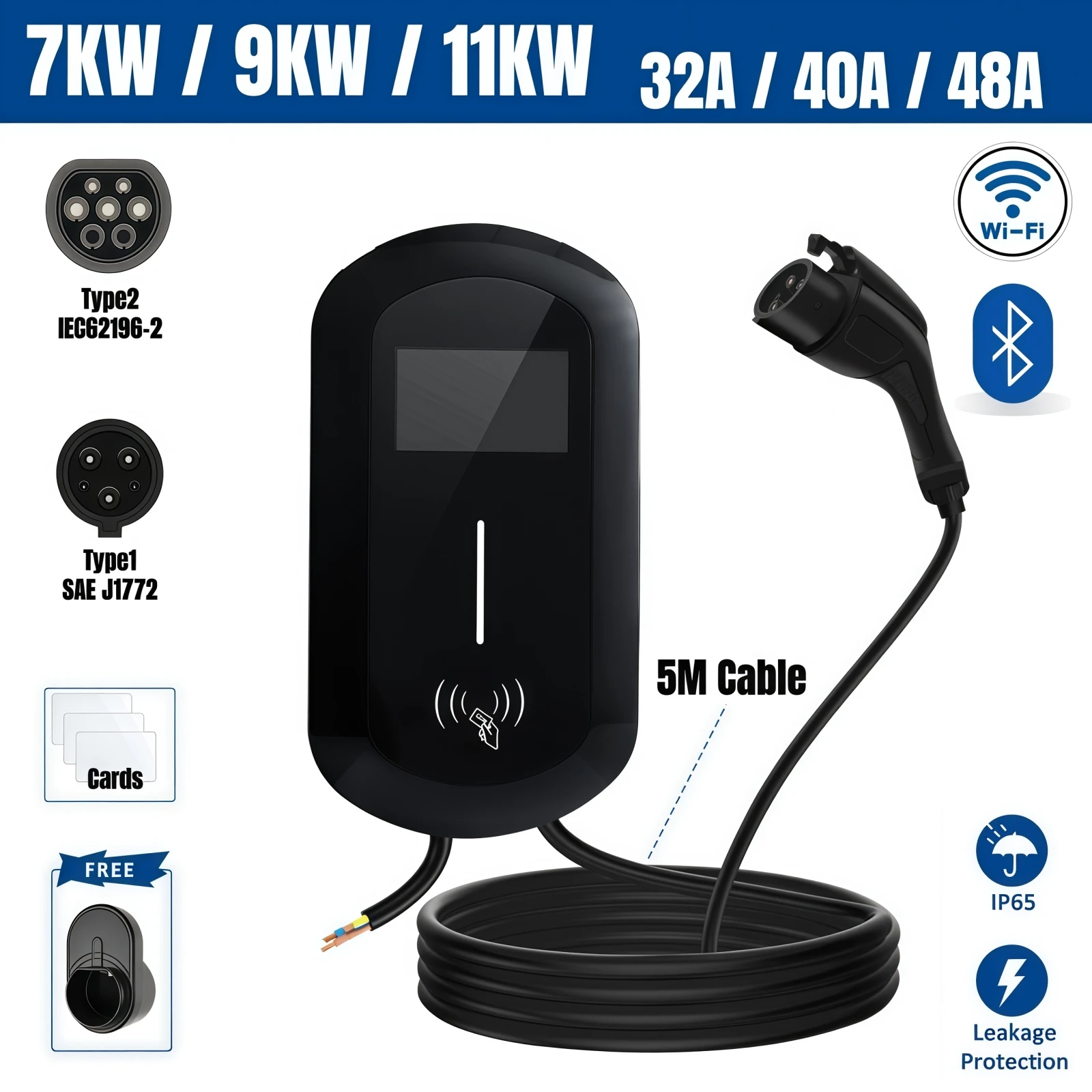 

Type1 EV Charging Station 32A Electric Vehicle Charger EVSE Wallbox 7KW/11KW/22KW Type2 Cable J1772 IEC62196 APP Control