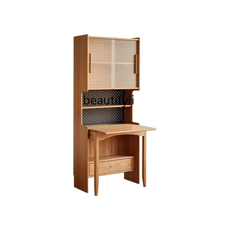 

Solid wood folding desk study table bookshelf integrated cherry wood bedroom retractable bedside table9344