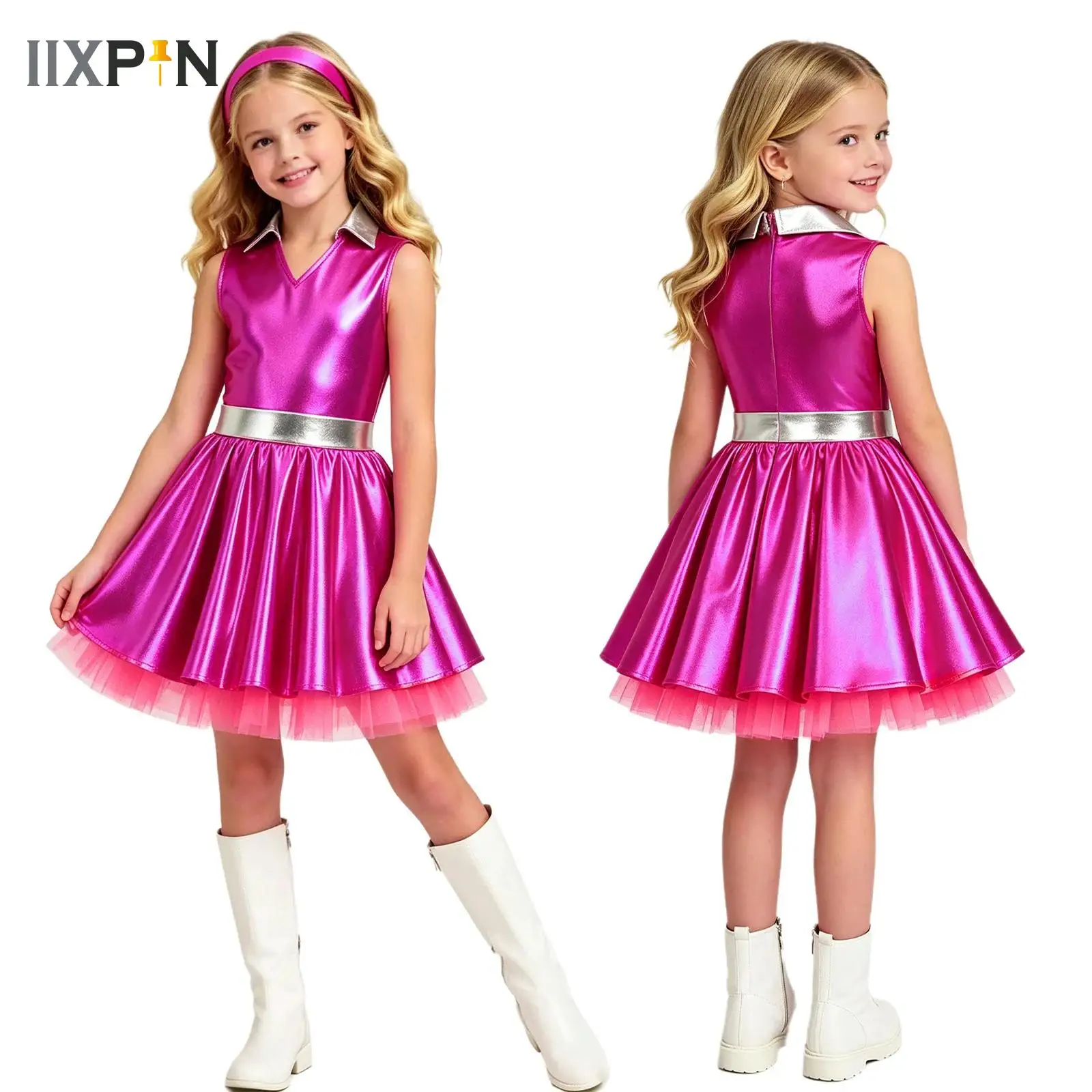 Kids Girl Alien Costume Space Robot Astronaut Galaxy Warrior Dress Up Clothes Metallic Shiny Zipper Disco Jazz Modern Tutu Dress