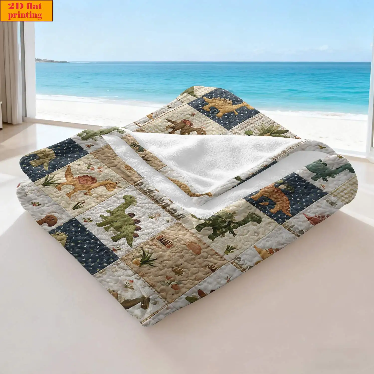 Multi Square Patchwork Cute Dinosaur Plant Plaid Back Fleece Blanket Cozy Light Throw For Bed Travel Dorm Boy Decor Present