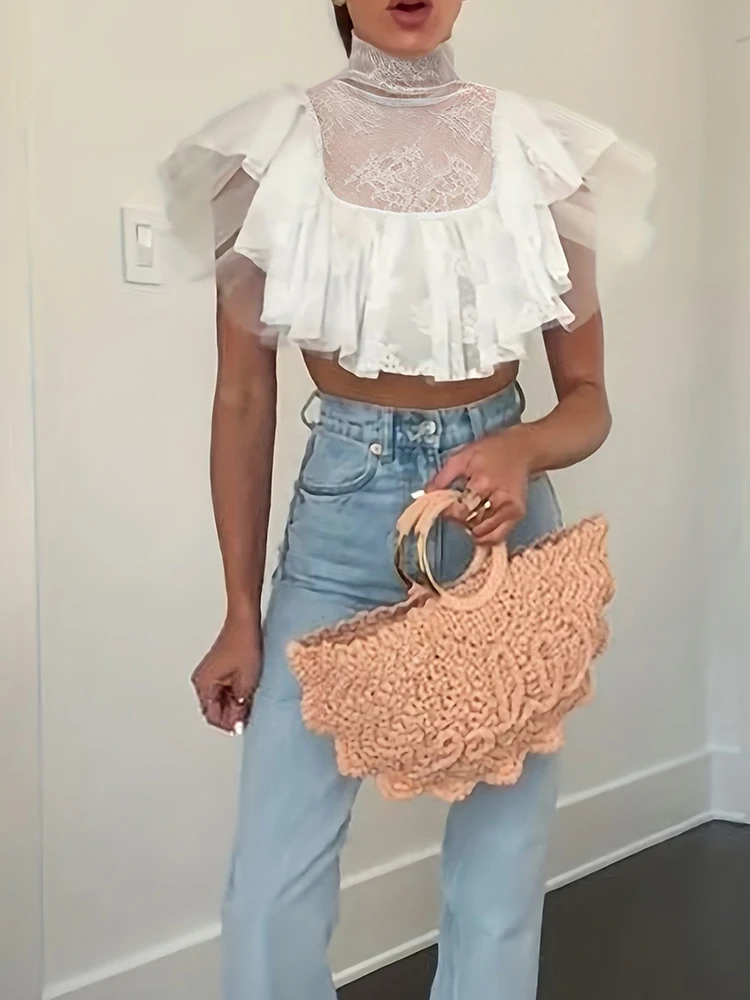 Elegant Lady Pure Color Flying Sleeve Tops Sexy Mesh See-through Commute Women Vest Fashion Turtleneck Lace Hollow Out Crop Tops