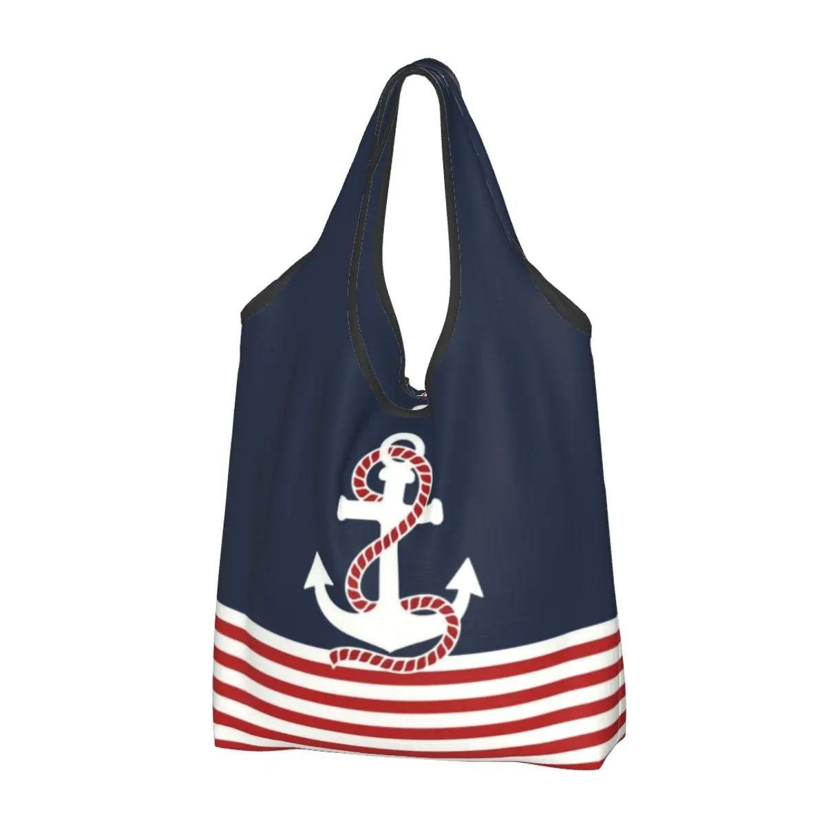 Funny Printed Navy Blue Stripes Nautical Anchor Boat Tote Shopping Bags Portable Shoulder Shopper Handbag