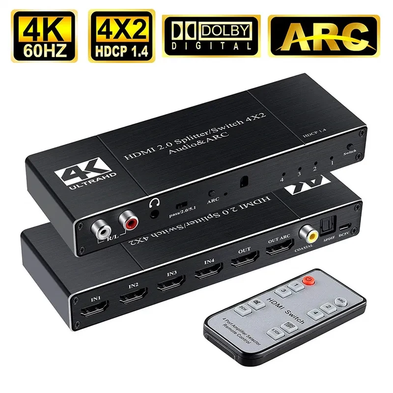 4K HDMI-коммутатор/сплиттер, экстрактор звука 4K@60Hz HDMI 2.0, функция аудио и ARC, 4 входа, 2 выхода, в комплекте с пультом ДУ.