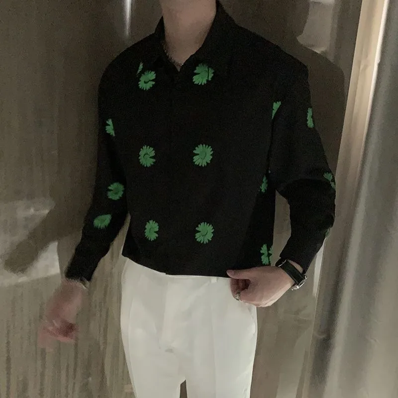 الرجال الأشعة فوق البنفسجية رد الفعل قميص طويل الأكمام توهج الحرارة تضيء الخريف أزياء مريحة تناسب ديزي طباعة عاكسة الملابس ارتداء اليومي