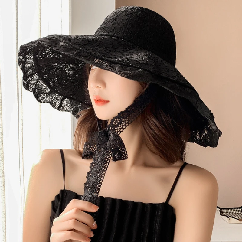 2023 New Fashion Women Summer Hat Ladies Solid Lace Wide Brim Sun Hat Bucket Cap Female Elegant Packable Panama Beach Hat