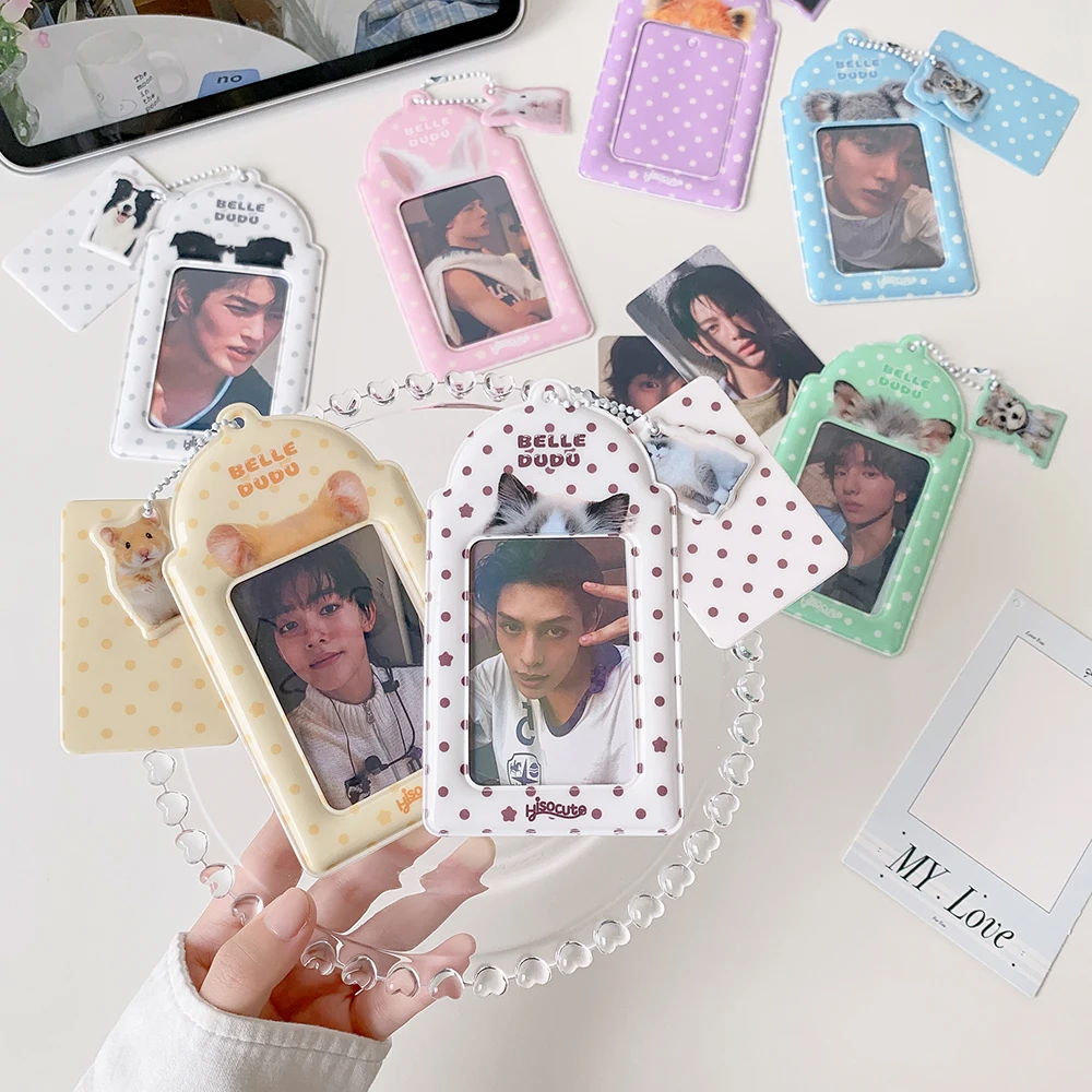 Kpop Fashion Cartoon Rabbit Ears PVC 3-Inch Photo Card Holder Cute Girls Backpack Decoration Pendant Keychain Card Bag Gifts