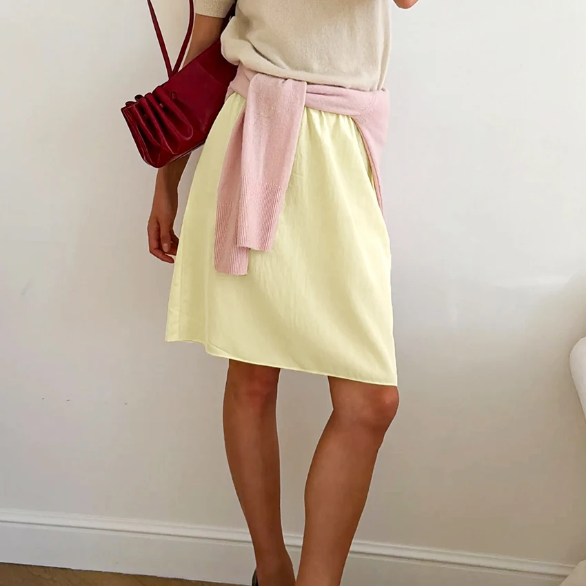 Linad Casual Pink Elastic Waist Midi Skirts Women Street Chic Blue Loose Straight Skirts 2026 Fashion Yellow Knee Length Skirt