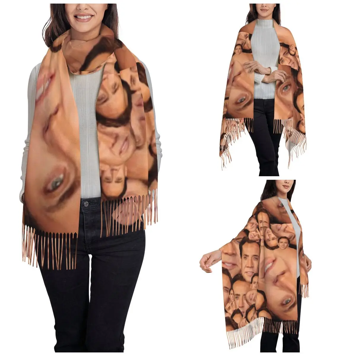Nicolas Cage Meme Face Collage Scarf for Women Fall Winter Cashmere Shawls and Wrap Large Scarves with Tassel Lightweight