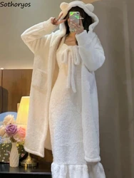Winter Pajama Sets Women Sweet Hooded Robes Soft Coral Velvet Sexy Sleepwear Nightdress Thicken Stylish Female Cozy Loungewear