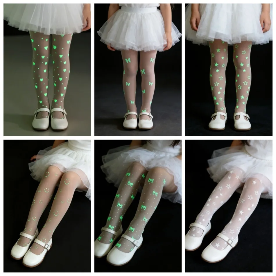 Kids Glow In The Dark Heart Tights Sheer Luminous Star Butterfly Heart Dot Pattern Pantyhose Girls Halloween Party Socks XH42