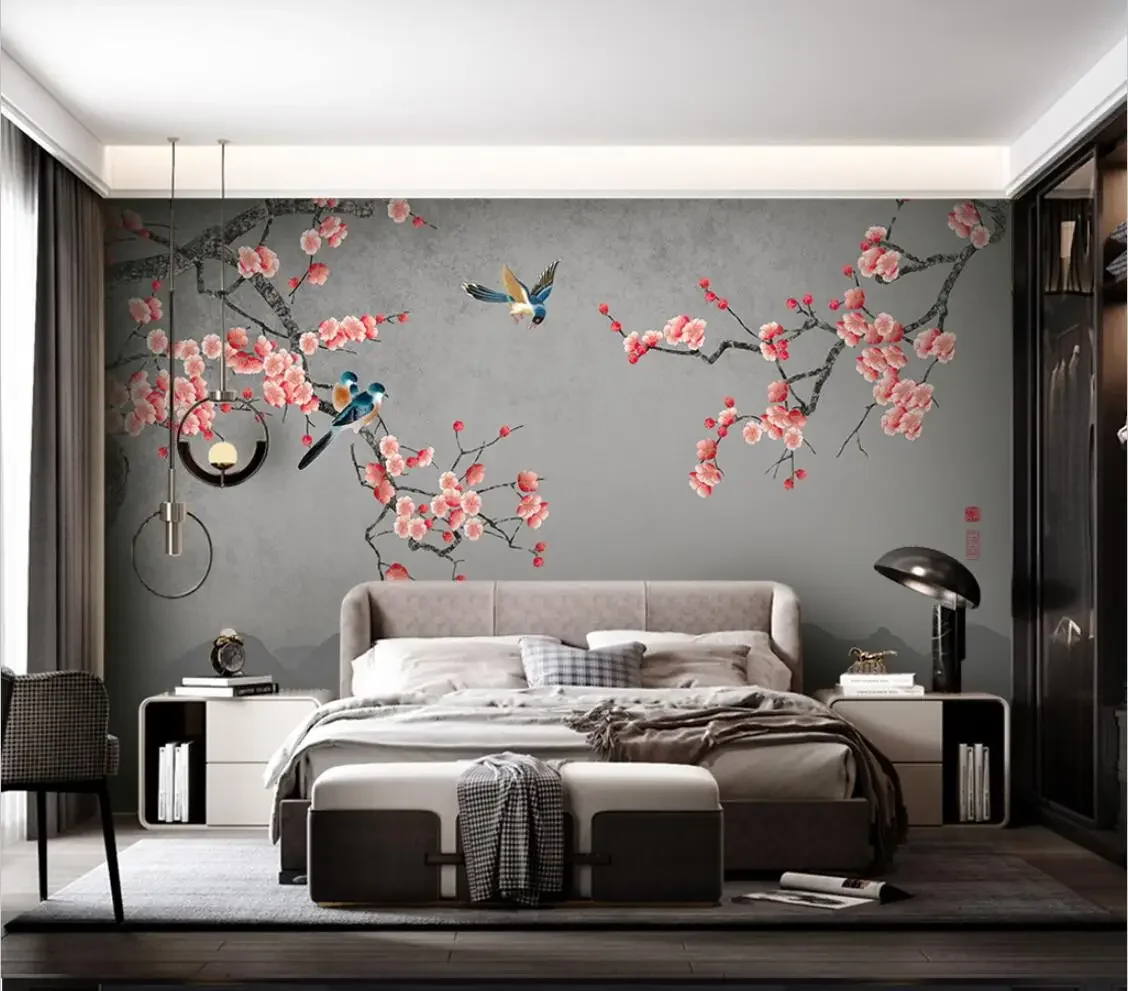 custom papel de parede Flower Bird Plum Painting wallpapers for Living Room TV Background Wallpaper for Wall paper Wall sticker