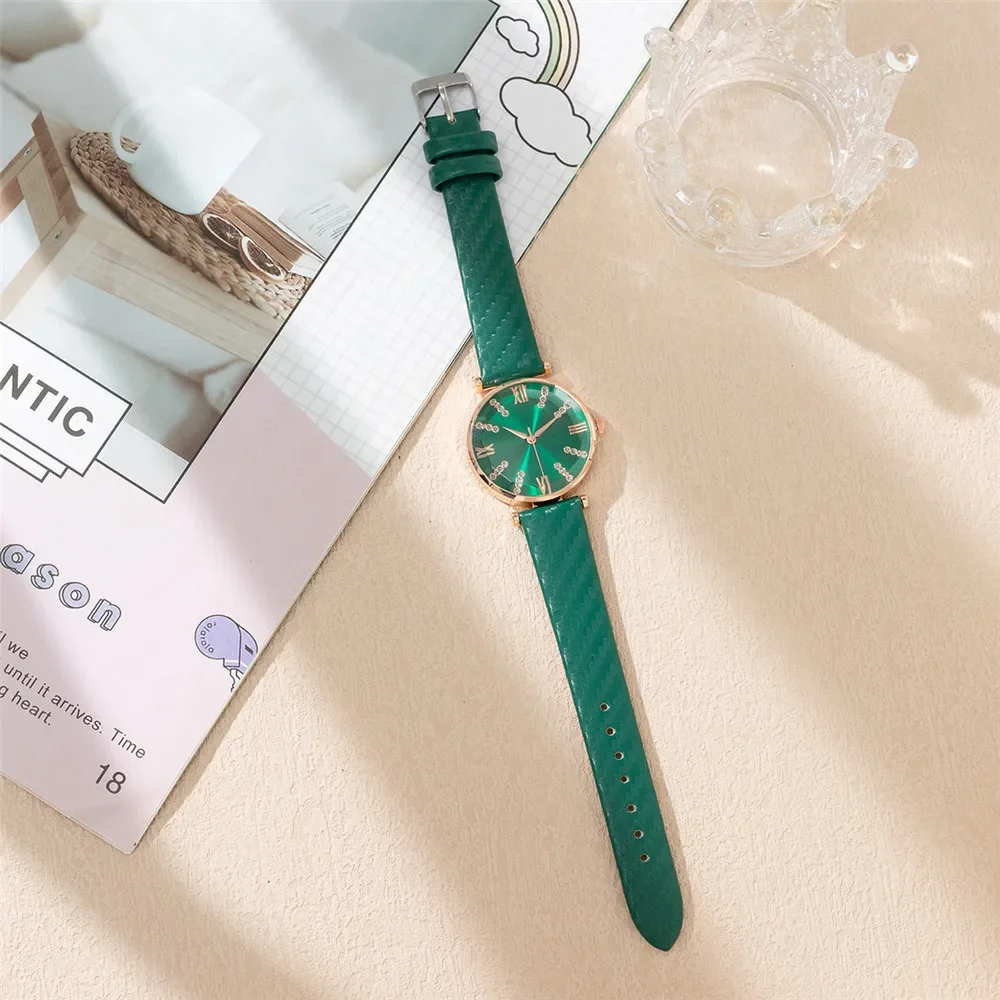 Light Luxury Ladies Brand Diamond Roman Design Watch for Women Dress Quartz Watch Fashion Green Leather Strap Women\'s Wristwatch