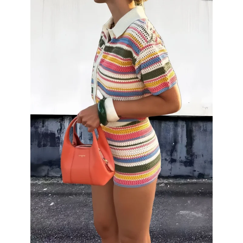 Vigorous cute knitting suit female2025winter new color stripespolosweater casual knitted shorts