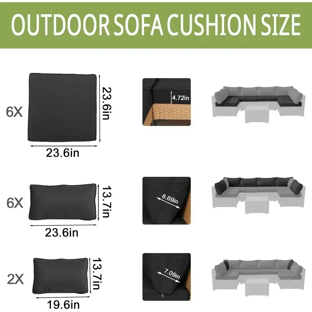 6-Seat Outdoor Wicker Sectional Couch Waterproof Cushions (Black, 23.6x23.6x3.9)
