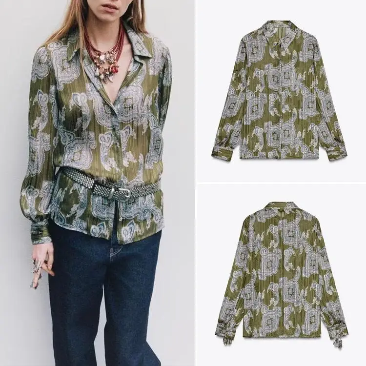 

Spring New Arrival Women's Casual Metal Color Print Shirt Vintage Style Line Pattern Female Top Wearable for Ages 25-35