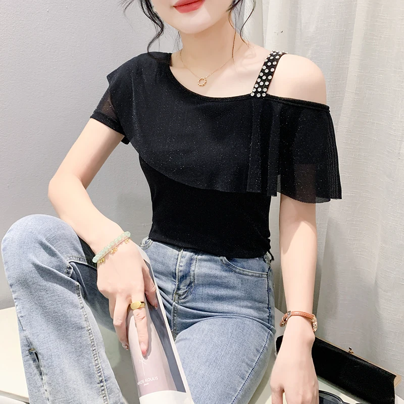 2024 New Summer European Clothes Chic Sexy Women\'s Skew Collar Off Shoulder Shiny Diamonds Ruffles Tops Short Sleeve Tees 45103