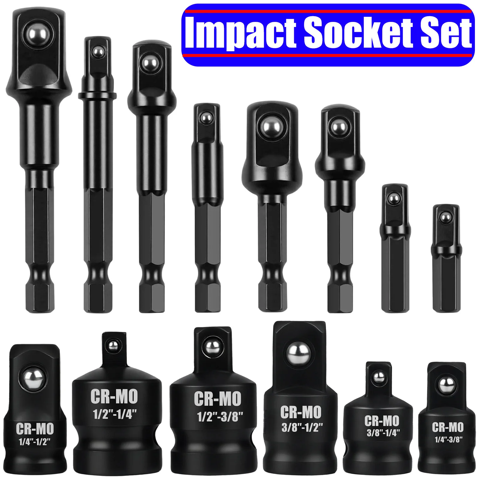 Conjunto de adaptadores e redutores de soquete de impacto de 4-14 peças, conjunto de extensão, adaptador de soquete para furadeira, transforma furadeira elétrica em chave de porcas de alta velocidade.