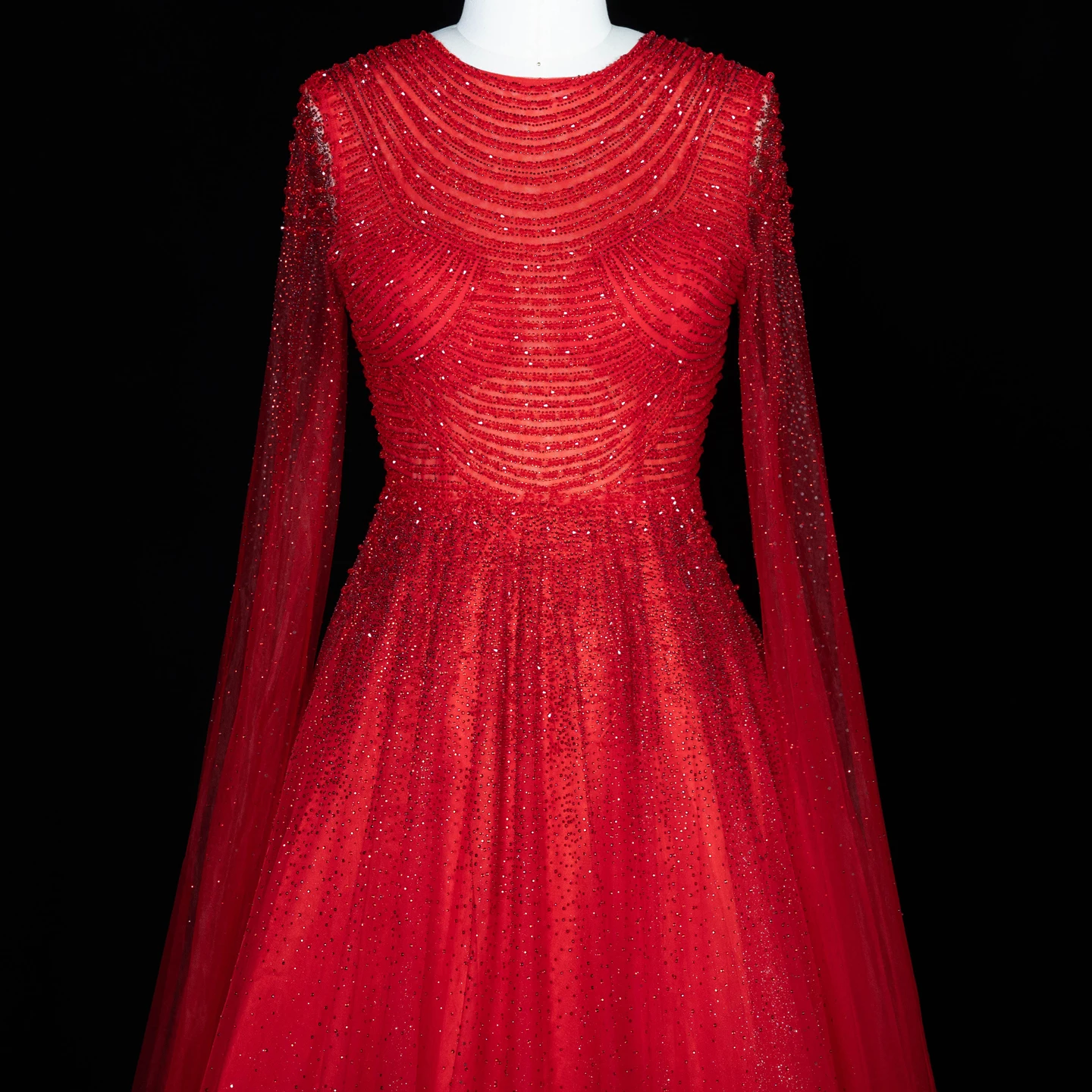 Sharon Said Luxuriöses Braunes Abendkleid mit Rundhalsausschnitt, Langen Transparenten Cape-Ärmeln und Schwer Perlenbesetztem Dubai-Formal-Partykleid SS059 Maßanfertigung – Detail 9