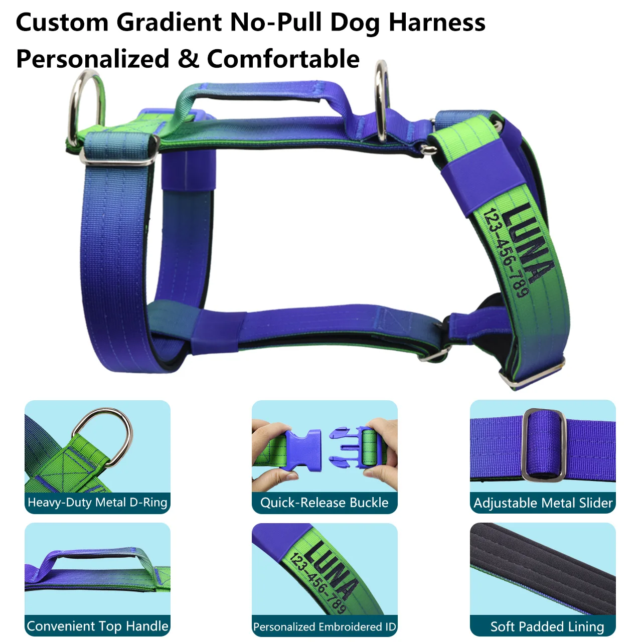 Custom Dog Harness Personalized Name Phone Gradient Knitted No Pull Adjustable Pet Vest for Small Large Dogs
