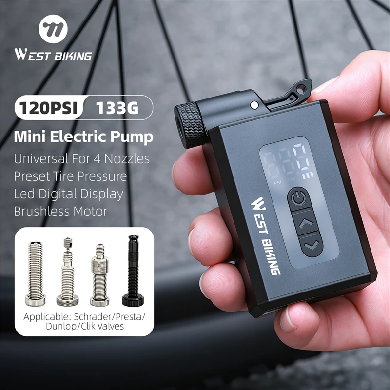 WEST BIKING Lokaler Versand Mini Elektrische Fahrradpumpe 4 Düsen Clik-Ventil Tragbarer Luftkompressor 120PSI Digitale Anzeige Bürstenloser Motor Rennrad