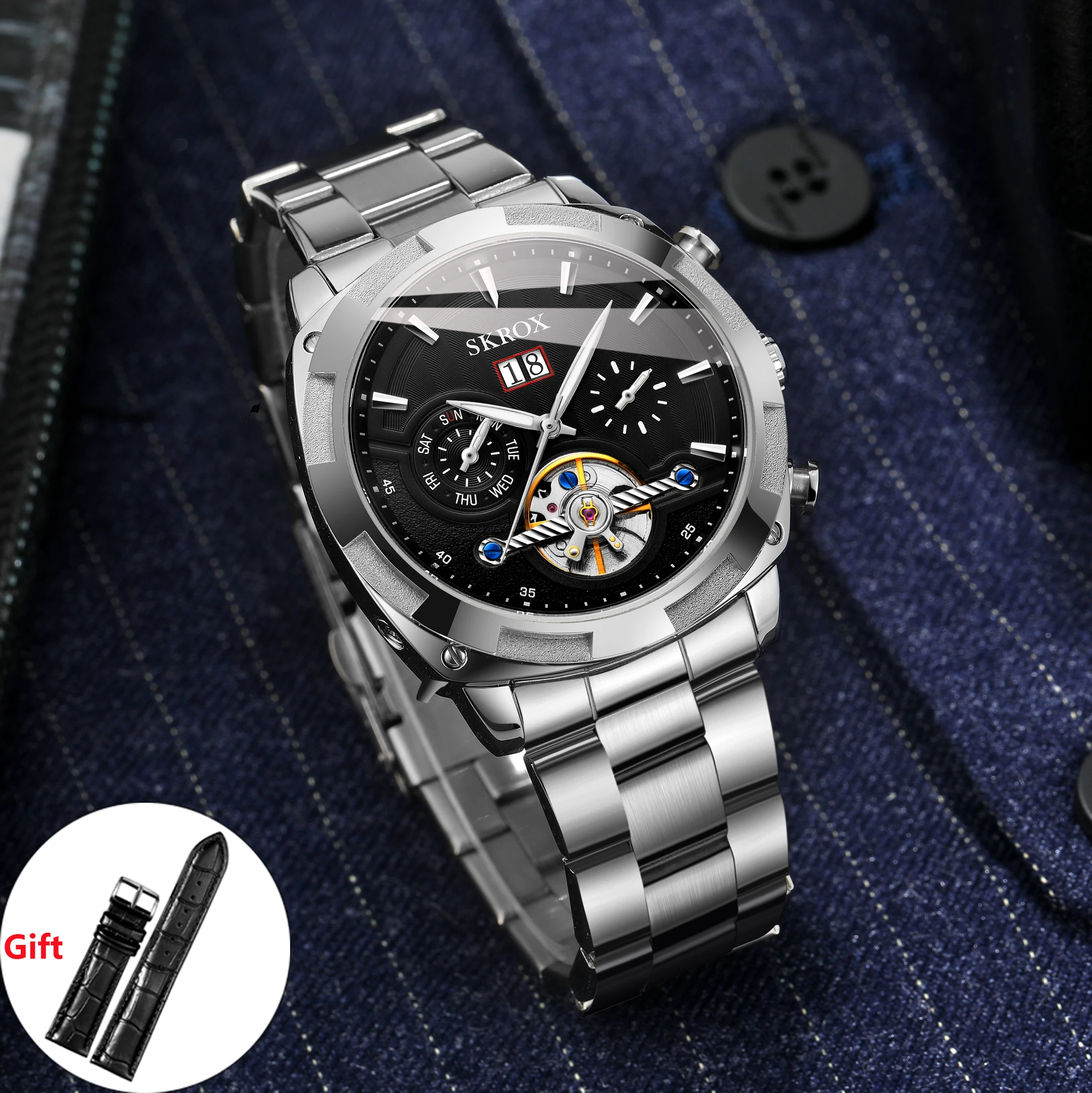 

Luxury Brands SKROX Tourbillon Calendar Automatic Movement Man Watch Stainless Steel Mechanical Clock Sports Military Wristwatch